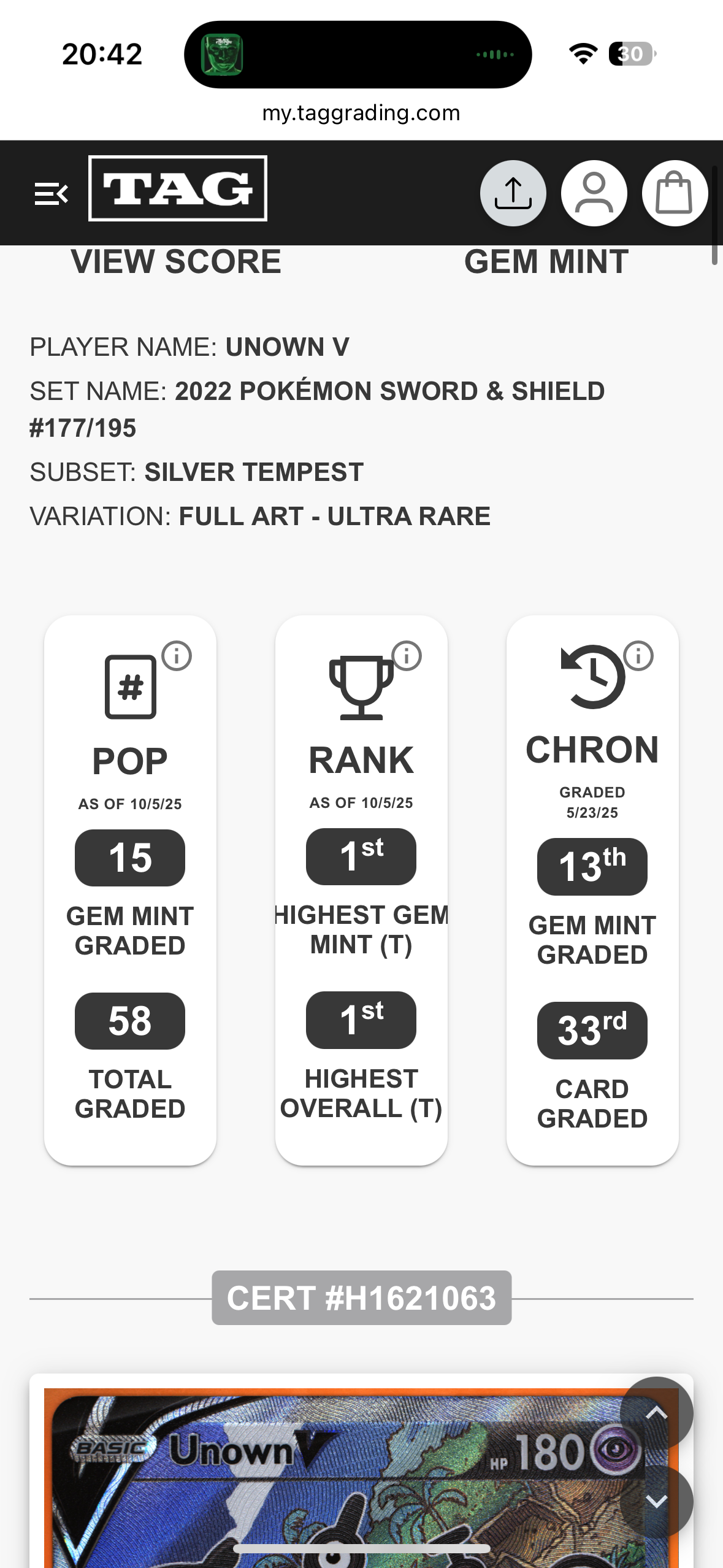 TAG 10 - Unown V #177 - Pokémon Silver Tempest